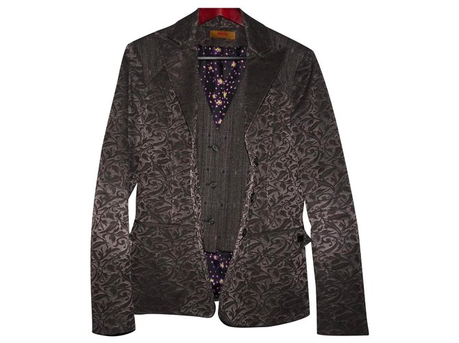 VESTE BLAZER KENZO JUNGLE VINTAGE TRÈS RARE AVEC GILET Coton Laine Gris  ref.271917