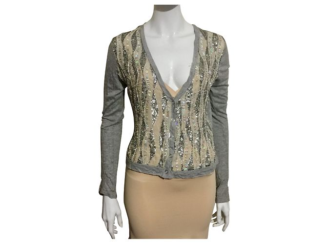 Baum und Pferdgarten Perlenbesetzte und bestickte Strickjacke Grau Metallisch