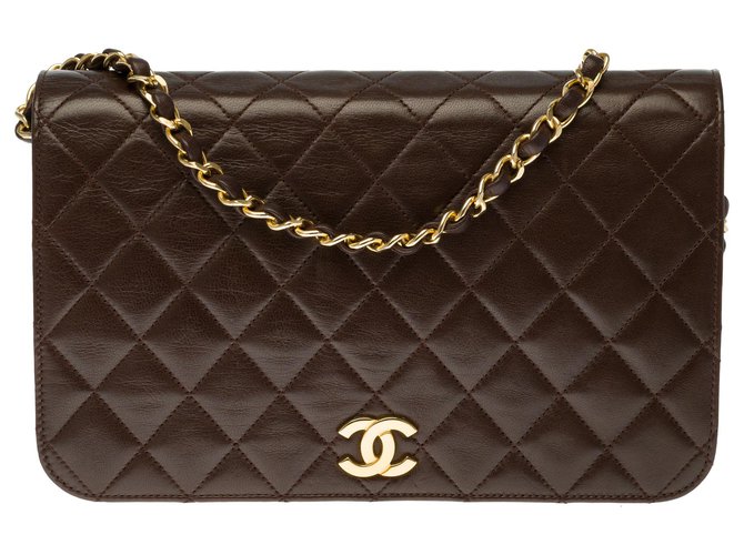 Timeless Wunderschöne klassische Chanel Full Flap Tasche aus braunem gestepptem Leder, garniture en métal doré  ref.272053
