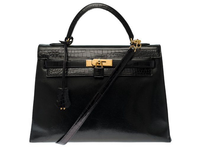 Splendid Hermès Kelly 32 sela de couro caixa preta personalizada com crocodilo porosus preto Couros exóticos  ref.272068