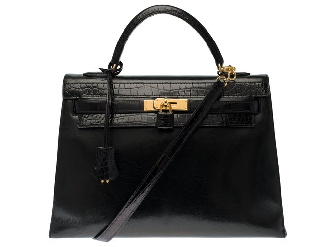 Splendid Hermès Kelly 32 black box leather saddle customized with black porosus crocodile Exotic leather  ref.272068