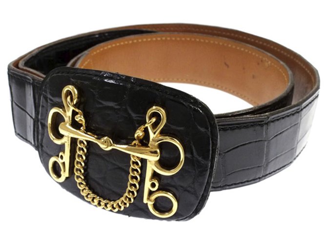 Hermès Cintura in pelle di coccodrillo nera Hermes Nero D'oro Metallo  ref.272419