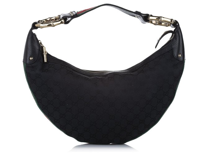 Gucci Black GG Canvas Web Hobo Bag Leather Cloth Pony-style calfskin Cloth  ref.272421