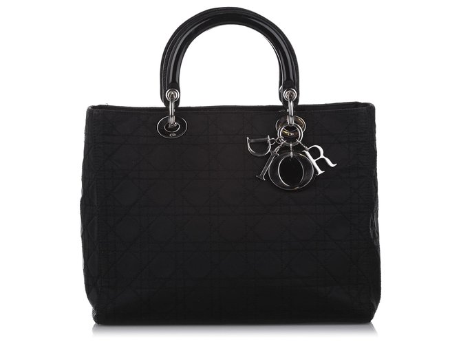 Dior Black Cannage Lady Dior Nylon Handtasche Schwarz Leder Kalbähnliches Kalb Tuch  ref.272436