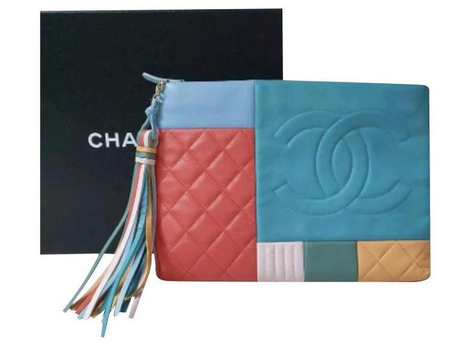 Chanel 2017 Large Colorblock O-case Orange Blue Multicolor  Leather Clutch Multiple colors  ref.272675