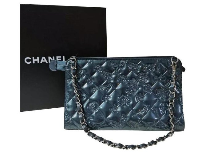 Chanel Mademoiselle Biarritz Não 5 Bolsa de couro Monaco Paris Teal Baguett de couro envernizado Multicor  ref.272696
