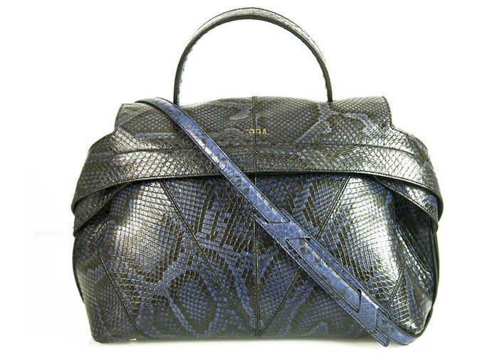 Tod's TODS Wave blue black snakeskin large satchel top handle crossbody bag Python  ref.273022
