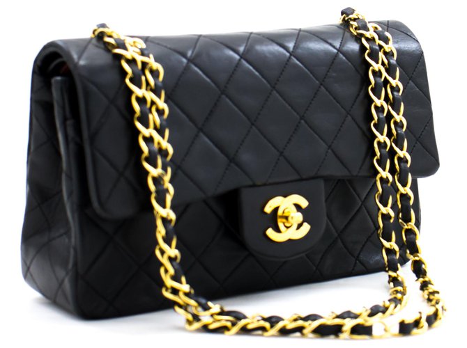 Chanel 2.55 gefütterte Klappe 9"Chain Shoulder Bag Black Lambskin Schwarz Leder  ref.273035