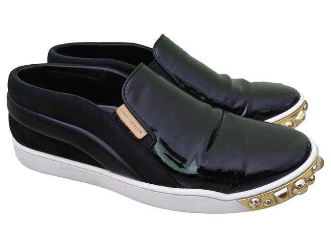 Louis Vuitton Black Patent Leather Gold Studded  Slip On Sneakers  ref.273038