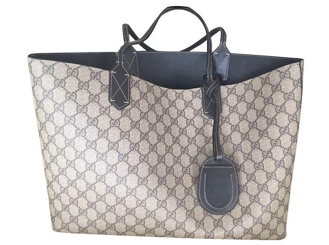 Gucci Reversible Tote Bag Schwarz Monogramm Leder Beige