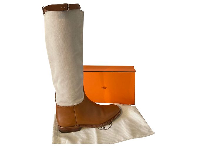 Botas Hermès Bardigiano de couro e tela H Panama caramel Caramelo