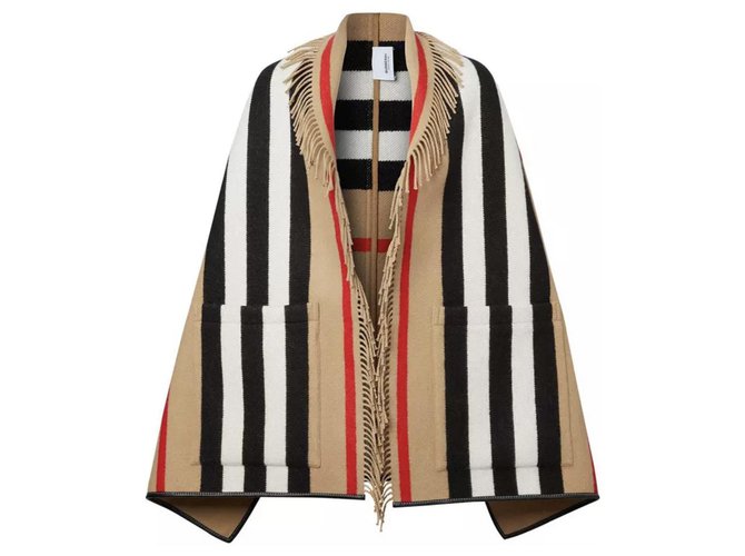 BURBERRY CAPE PONCHO jacquard laine cachemire CUIR Like New SOULD OUT Beige Wool  ref.273312