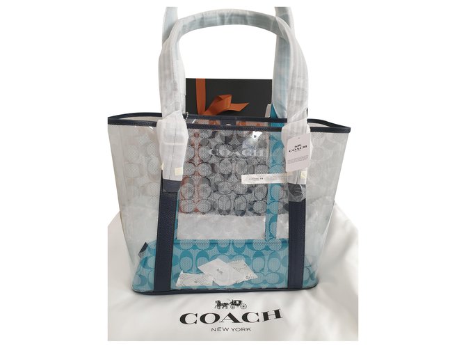 Coach Small Ferry Tote in Signature Clear Canvas Blue Navy blue Silver hardware Leather  ref.273414
