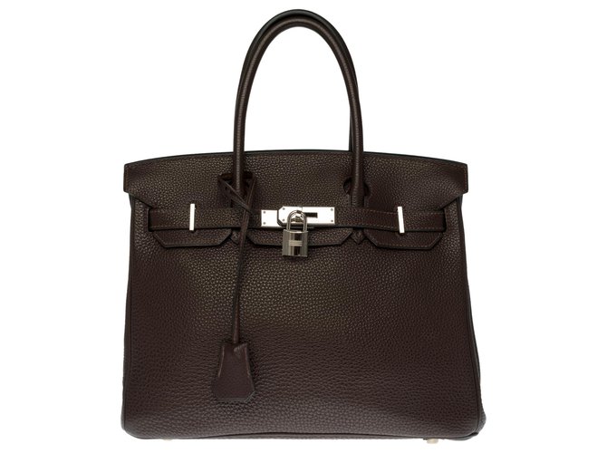 Herrliche Hermès Birkin Tasche 30 in braunem Togo, Palladiumbeschichtete silberne Metallverkleidung Leder  ref.273416
