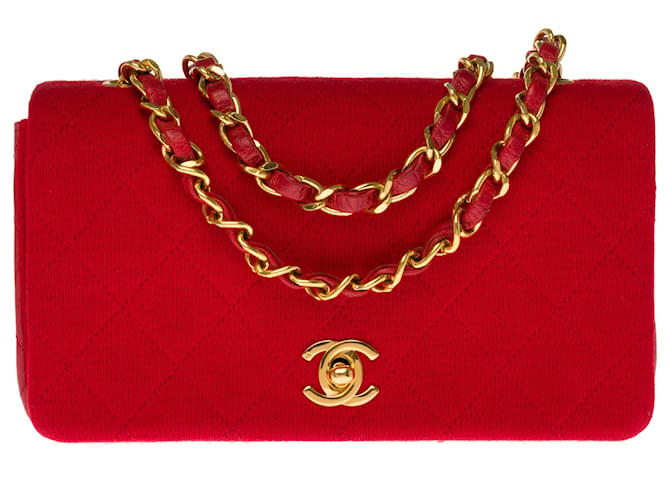 Timeless Esplêndida bolsa Chanel Mini atemporal em jersey e couro vermelho acolchoado, garniture en métal doré Algodão  ref.273538