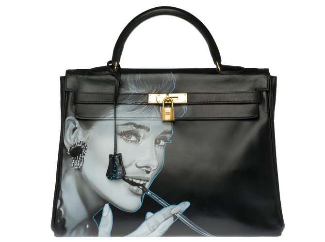 Hermès Saco bonito de Hermes Kelly 35 em caixa preta de couro personalizado "Audrey Hepburn" Preto  ref.273849