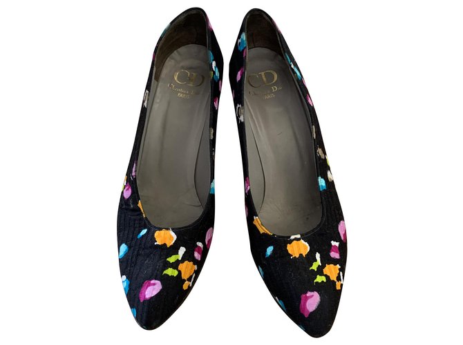 Sapatos vintage Christian Dior em tecido Preto Multicor Pano  ref.273434