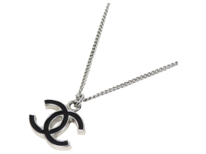 Chanel Silver CC Pendant Necklace Black Silvery Steel Metal  ref.273750