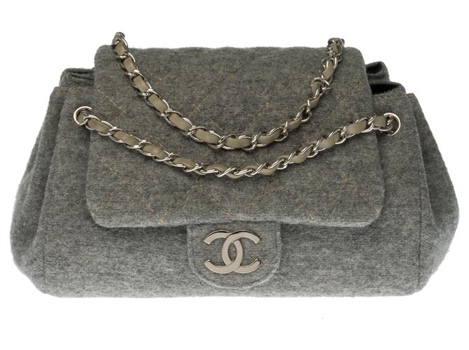 Timeless Precioso bolso acordeón Chanel Classic en lana gris parcialmente acolchada, Guarnición en métal argenté  ref.273932