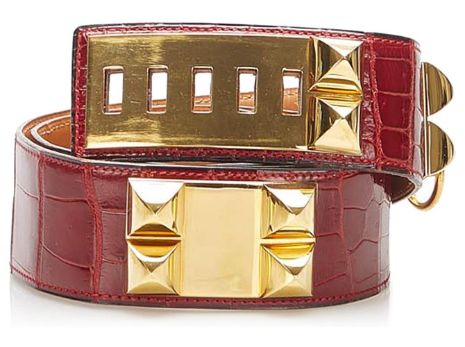 Hermès Cinto Hermes Red Collier de Chien Vermelho Dourado Couro Metal  ref.274018