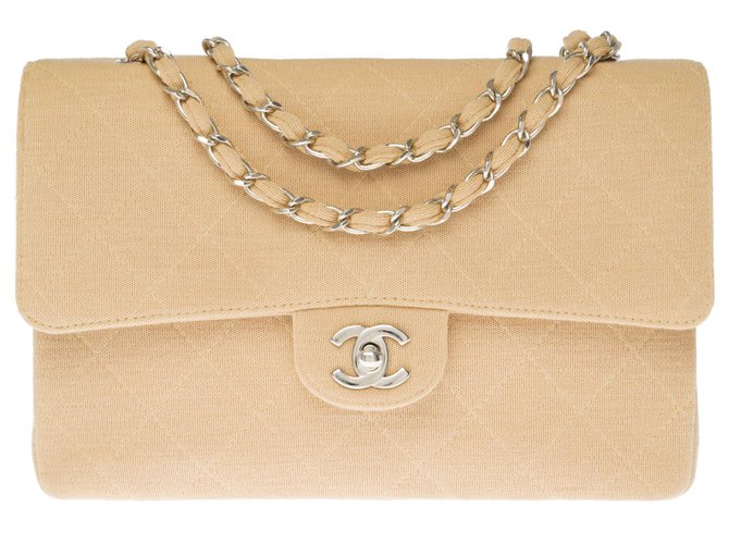 Lovely Chanel Timeless bag in beige quilted jersey, Garniture en métal argenté Cotton  ref.274321