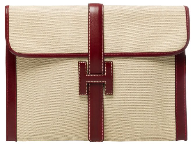 Hermès Jige großer Bi-Material-Beutel aus beiger Offiziersleinwand und burgunderfarbenem Boxleder Bordeaux  ref.274361