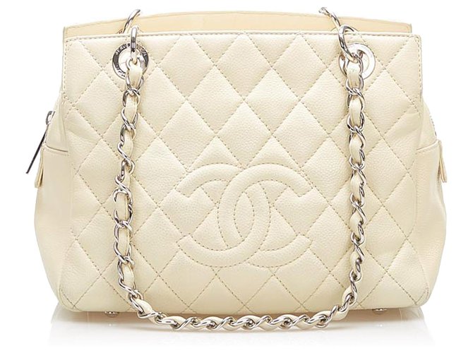 Chanel White CC Kaviar Leder Einkaufstasche Weiß Roh Metall  ref.274482