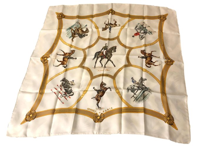 Rare Carré Hermès Général L'Hotte French Riding School by Jean de Fougerolle White Silk  ref.274593