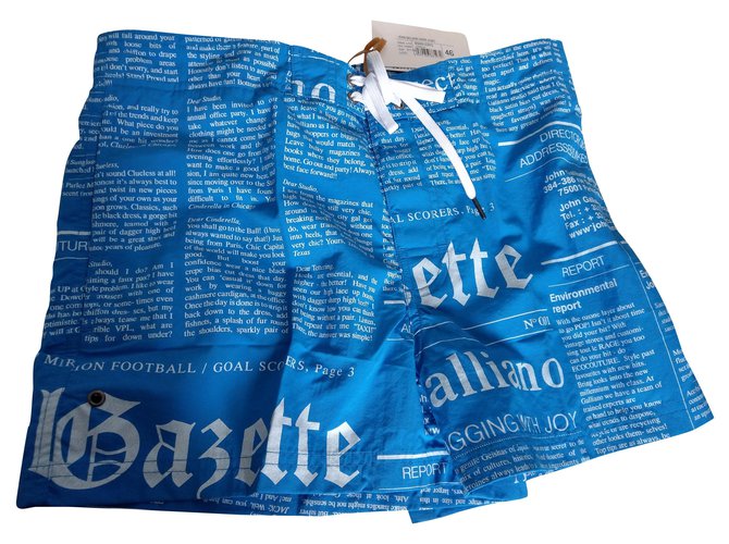 Neuf John Galliano Newspaper Short de bain Underwear T/2 Polyamide Bleu  ref.274622