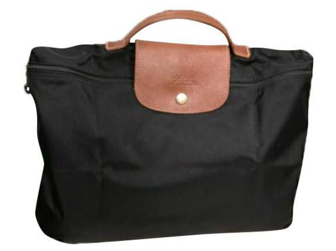 Longchamp Pliage briefcase bag Black Beige Leather Cloth  ref.274772