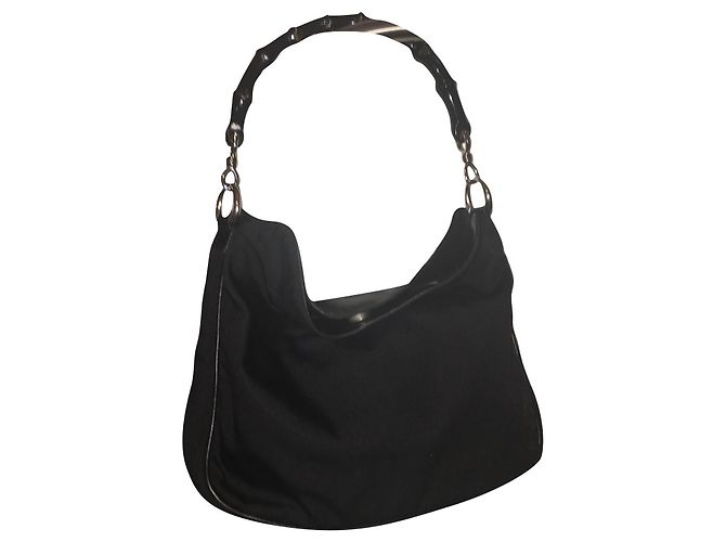 Borsa Gucci GG Hobo Bamboo in pelle e nylon nera Nero Silver hardware