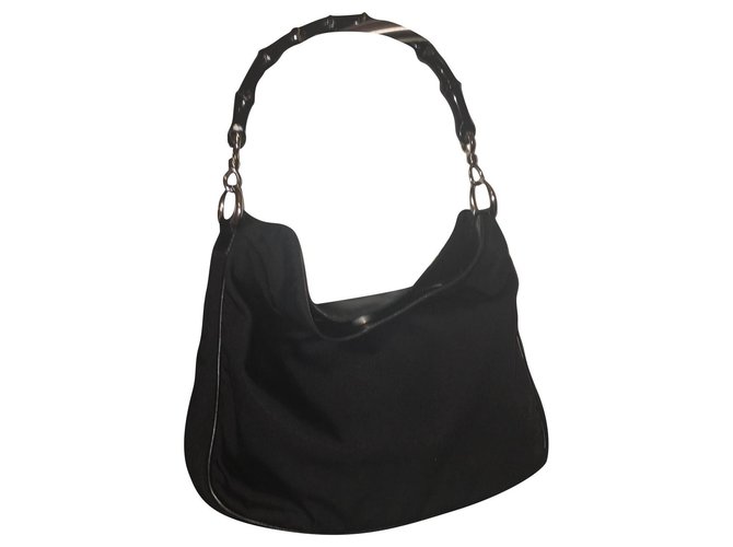 Gucci Handbags Black Silver hardware Leather Linen Nylon  ref.274893