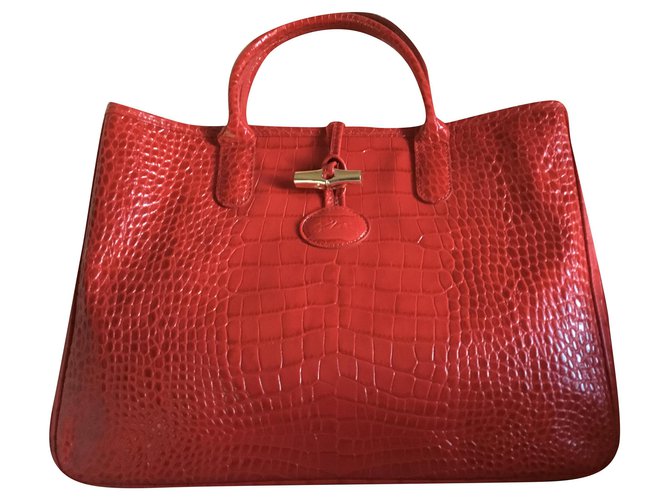 Roseau Longchamp RED calf leather BAG CROCO style  ref.274919