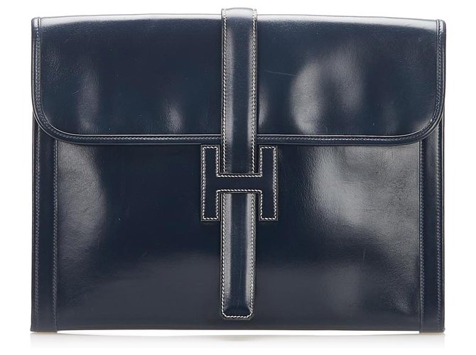 Hermès Hermes Blue Jige GM Leather Clutch Bag Navy blue Pony-style calfskin  ref.274967