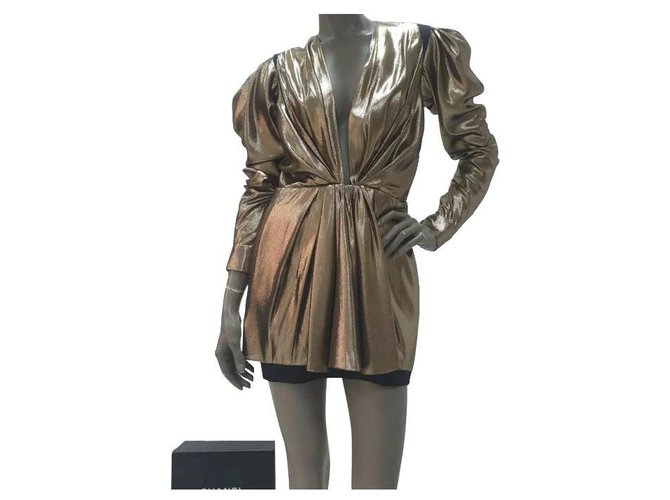 Yves Saint Laurent Saint Laurent Plunge Neck Gold Tunic Dress Dress Sz 40 Golden Viscose  ref.275026