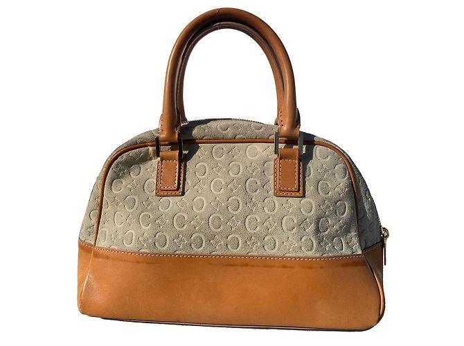 Bolsa bowling Céline logo bege de camurça e couro