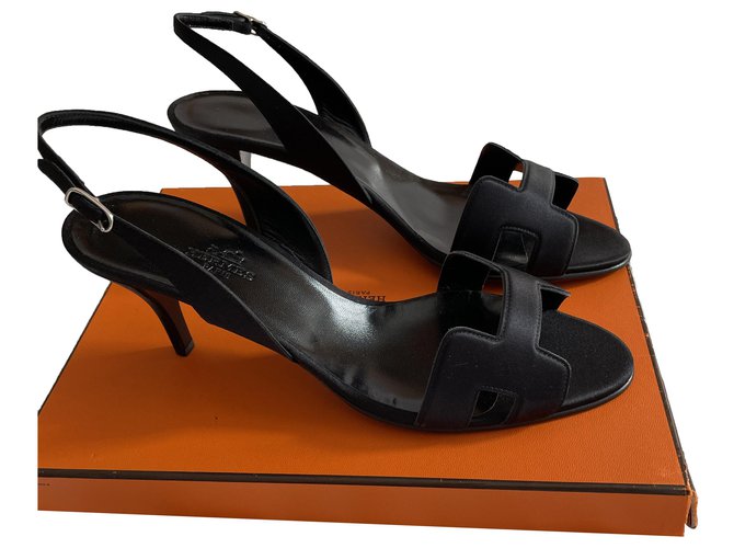 Oran Hermès Sandale Night Satin Cuir Noir  ref.275156