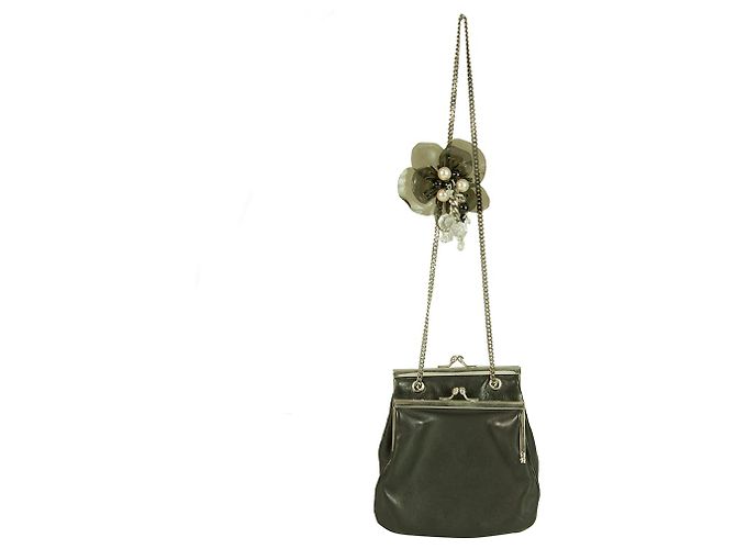 Rodo Black Leder gefüttert gerahmte Blumen Clutch Brieftasche Tasche Handtasche Silberkette Schwarz