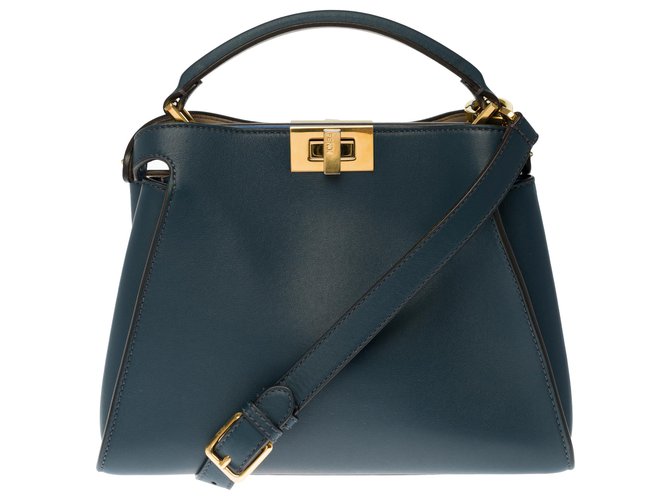 Very nice Fendi Peekaboo shoulder bag in petrol blue leather and gold metal hardware  ref.275254