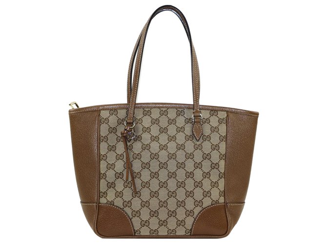 Gucci Brown GG Canvas Bree Tote Bag Beige Leather Cloth Pony-style
