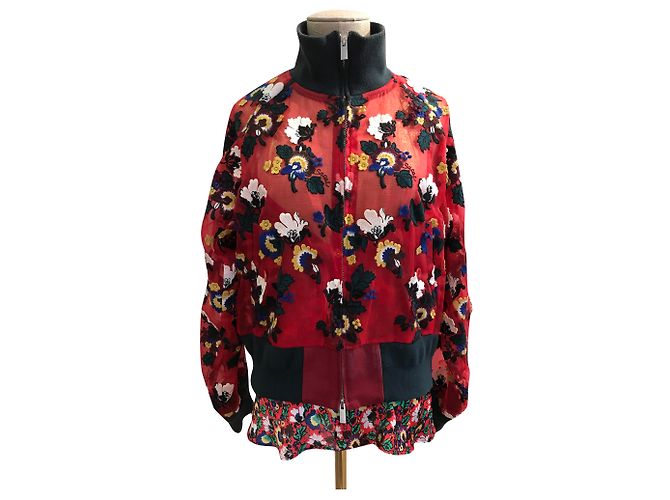 Sacai Jacke Rot mit Blumenstickerei
