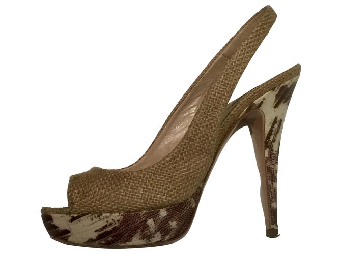 Miu Miu Hessian stiletto heels, peeptoe, slingback Beige Leather Cloth  ref.275664