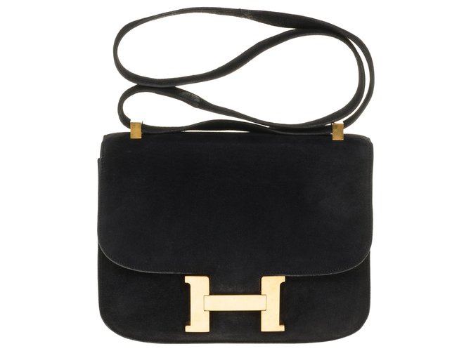 Rare Hermès Constance bag 23 black suede, gold plated metal trim Deerskin  ref.275911