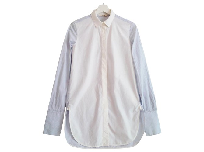 Céline Long shirt with wide cuffs and side slits. Phoebe Philo design. Size 34 fr. White Blue Light blue Cotton  ref.275926