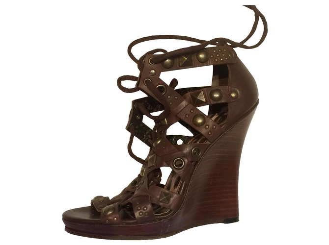 Dolce & Gabbana D&G Gladiator studded sandals with wedge Brown Leather Wood  ref.276047