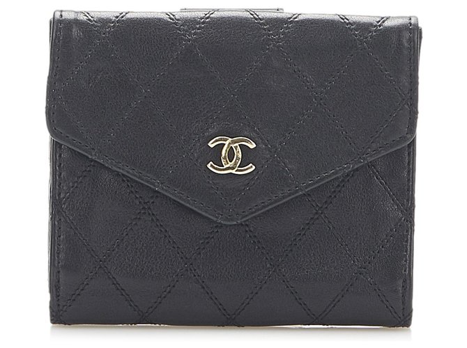 Petit portefeuille Chanel en cuir noir Wild Stitch Veau façon poulain  ref.276168