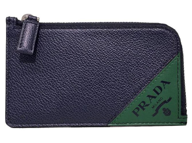 Prada Brieftasche mit Reißverschluss neu Blau Leder  ref.276340