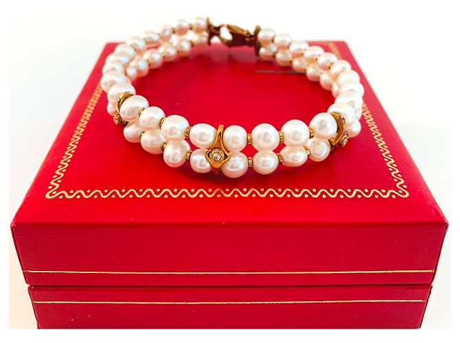 Autre Marque Pulseira de punho em ouro amarelo com pérolas Akoya e diamantes Branco Gold hardware