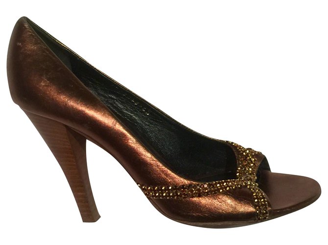 Gina Swarowski trim peep toes Metallic Bronze Leather  ref.277145