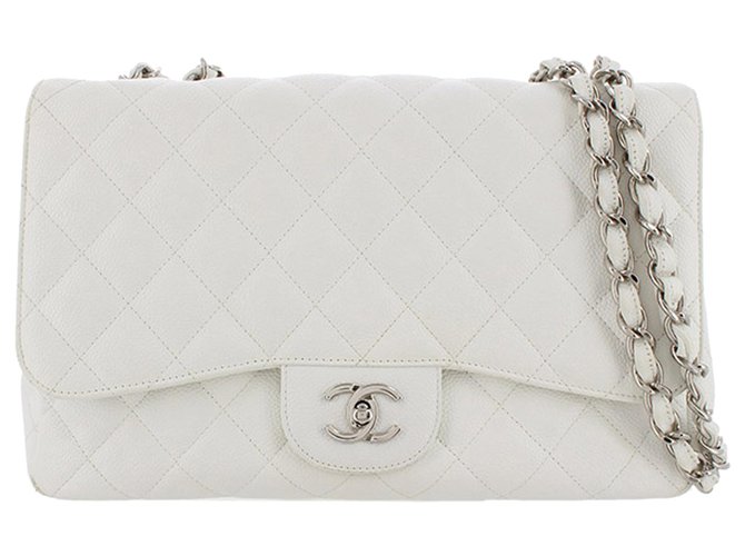 Chanel White Jumbo Classic Caviar Leather Flap Bag Blanco Cuero  ref.277661